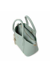 Borsa in pelle verde menta con doppie maniglie, un compartimento con zip e dettagli in hardware dorato. Presenta una superficie testurizzata e una forma strutturata.