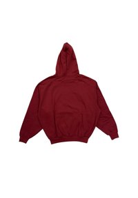 Sudadera con capucha color burdeos de corte relajado, con puños y dobladillo de canalé. Tejido suave; sin logotipos ni patrones visibles en la parte posterior.
