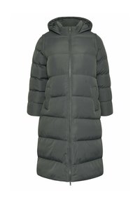 Abrigo acolchado verde oscuro, de longitud media, con cierre de cremallera, capucha y mangas cortas. Cuenta con dos bolsillos frontales y una textura acolchada.