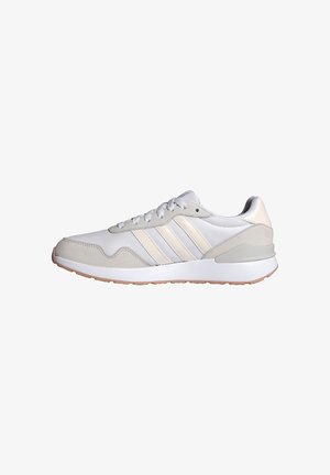 Light gray athletic shoes with a textured upper, smooth accents, three white stripes, a soft rubber sole, and a cushioned heel.