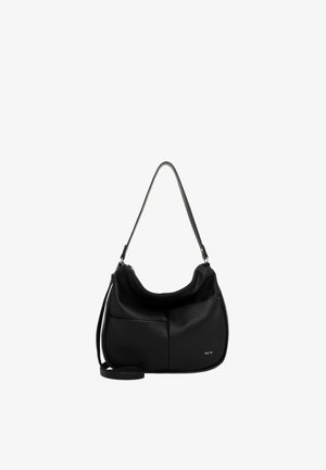 Black textured leather shoulder bag with short and long adjustable straps, subtle front pocket, and small metal zipper detail.