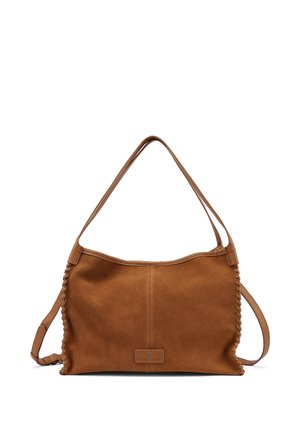 Borsa a tracolla in camoscio marrone con dettagli intrecciati ai lati e tracolla regolabile, forma rettangolare con piccolo logo frontale.