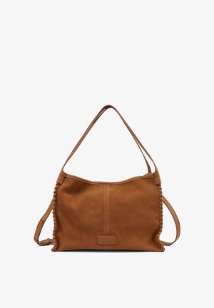 Borsa a tracolla in camoscio marrone con dettagli intrecciati ai lati e tracolla regolabile, forma rettangolare con piccolo logo frontale.