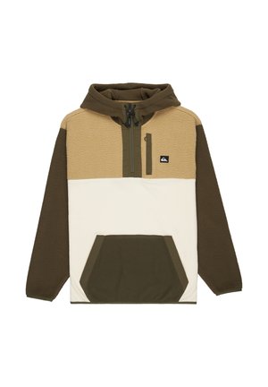 Fleece hoodie in tan, cream, and olive green. Features a front half-zip, kangaroo pocket, and textured sleeves. Logo patch on chest.