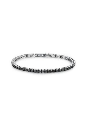 Bracciale in argento con un design a catena caratterizzato da gemme nere. Finitura liscia con chiusura e segmenti collegati per una maggiore flessibilità.