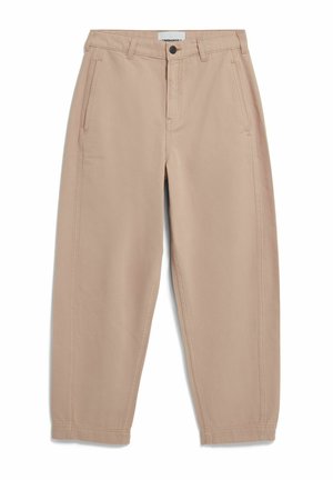 Beige casual pants with front button closure, belt loops, side pockets, and straight tapered legs, laid flat on a white background.