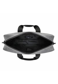 Borsa tote in tessuto grigio con superficie testurizzata, interno nero, doppi manici neri e apertura superiore con zip per una facile accessibilità.