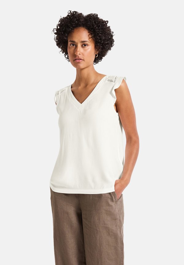 V-NECK MIT HÄKELDETAILS - T-Shirt print - weiß