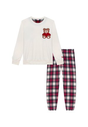 Zweiteiliges Pyjama-Set mit einem cremefarbenen, langärmeligen Oberteil mit Bären-Stickerei und karierten Hosen in Rot, Schwarz und Weiß.