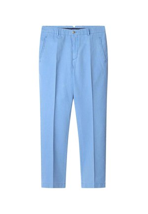 Svetlomodré nohavice vyrobené z bavlny, s plochým predným dielom, dvoma bočnými vreckami, zapínaním na gombík a prispôsobeným strihom.