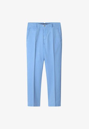 Pantaloni azzurri chiari in cotone, con gamba piatta, due tasche laterali, chiusura con bottone e vestibilità su misura.