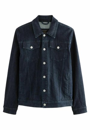 Mørkeblå denimjakke med knaplukning foran, to brystlommer med klapper og sidelommer, lagt fladt på hvid baggrund.