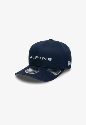 Navy blue baseball cap with "ALPINE" embroidered on front and New Era logo on side, featuring a curved brim and adjustable back.