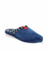 Pantofole blu in peluche con una fascia in tessuto a motivo floreale e un fiocco rosso in aggiunta. Design slip-on comodo, punta arrotondata e texture morbida.