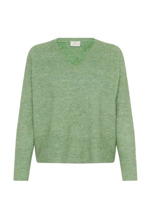 Maglione verde chiaro a scollo a V con una texture morbida, polsini a coste e vestibilità comoda. Presenta un design semplice senza motivi o decorazioni.