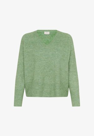 Lysegrøn v-hals sweater med blød tekstur, ribbede manchetter og en løs pasform. Har et simpelt design uden mønstre eller pynt.