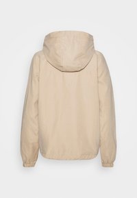 Beige hooded jacket viewed from the back, with long sleeves and elastic cuffs, displayed on a plain white background.