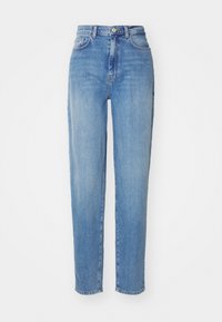 Jeans de cintura alta azul claro con pierna recta. Fabricados en denim, cuentan con cinco bolsillos y cierre de botón en la parte frontal. Textura suave.