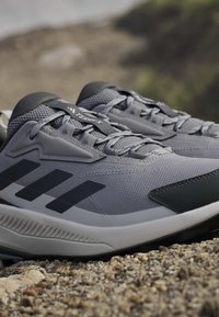 Pair of gray and black Adidas Terrex trail running shoes resting on rocky ground outdoors.