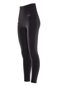 Svarta high-waisted leggings i ett mjukt, stretchigt material, med accentstickningar och sidofickor för funktionalitet.