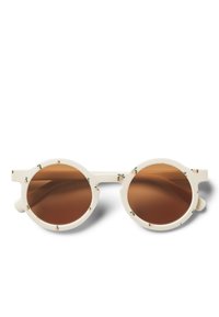 Runda solglasögon med en krämfärgad båge, bruna linser och små blommiga mönster vid kanterna.