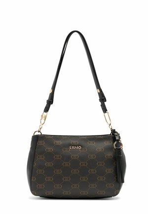 Borsa a tracolla con motivo nero e marrone, caratterizzata da una texture liscia, hardware dorato, una tracolla regolabile e un dettaglio a nappe decorativo.