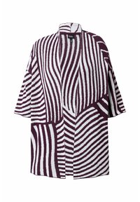 Kimono aperto bianco e bordeaux, con audaci motivi a onda e maniche corte. Tessuto morbido con una silhouette rilassata.
