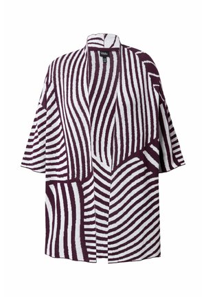 Åben-front kimono i hvid og burgunder, med markante bølgemønstre og korte ærmer. Blødt stof med en afslappet silhuet.