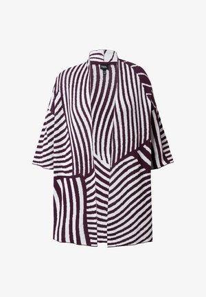 Åben-front kimono i hvid og burgunder, med markante bølgemønstre og korte ærmer. Blødt stof med en afslappet silhuet.