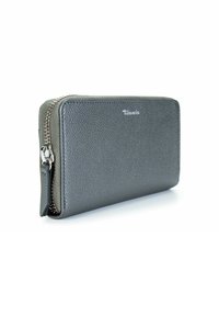 Gray textured leather zip-around wallet with silver zipper and small brand logo on front.