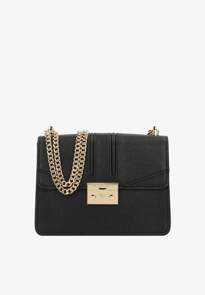 Sac à main en cuir noir avec un design structuré, doté d'une chaîne en or, d'un fermoir en métal et de détails de coutures verticales à l'avant.