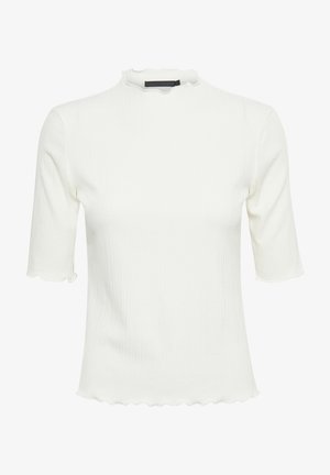 Top bianco a maniche corte con collo alto. Presenta un orlo ondulato e un motivo testurizzato, realizzato in un tessuto leggero.