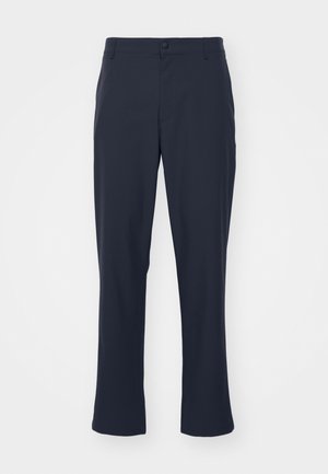 Marineblaue, maßgeschneiderte Hosen aus einem Polyester-Mischmaterial. Mit Knopfverschluss, Seitentaschen und geradem Bein Design.