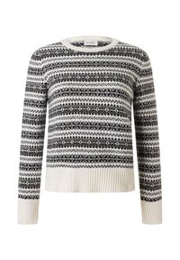 Wollpullover mit Rundhalsausschnitt, langen Ärmeln und einem geometrischen Schwarz-Weiß-Muster sowie einem gerippten Saum. Weiche Textur, lässiges Design.