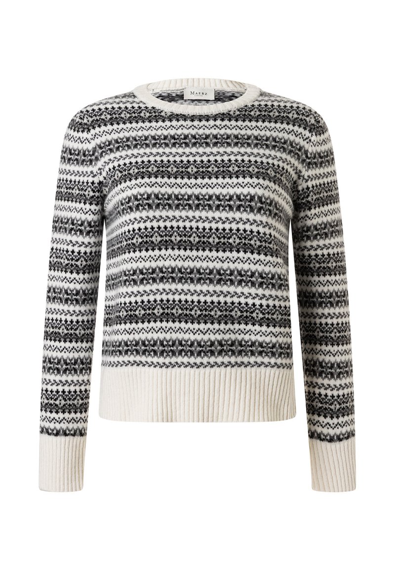 Wollpullover mit Rundhalsausschnitt, langen Ärmeln und einem geometrischen Schwarz-Weiß-Muster sowie einem gerippten Saum. Weiche Textur, lässiges Design.
