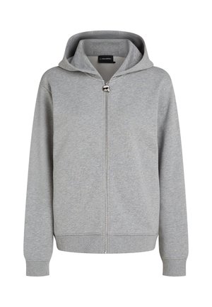 Sweat à capuche gris zippé en tissu doux, doté d'une capuche avec cordon de serrage, de poignets côtelés et d'une fermeture éclair lisse avec un tire-zip circulaire.