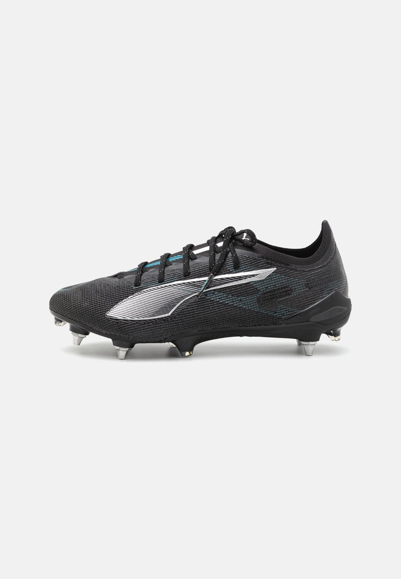 Black soccer cleat with a textured mesh upper, silver accents, and turquoise laces. Features six silver studs for traction on grass.