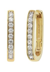 Gold hoop earrings featuring a row of round clear cubic zirconia stones embedded on one side, smooth finish, and a secure clasp mechanism.