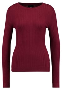 Pull à manches longues côtelé bordeaux avec un col rond. Le tissu est lisse et extensible, présentant une texture côtelée sur toute sa surface.