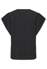 Fekete, rövid ujjú blúz laza szabással. Díszítő varrással ellátott vállvarratoknál és háti részen. Simogató, könnyű szövet.