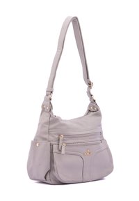 Sac à bandoulière en cuir gris avec une surface texturée ; dispose de plusieurs poches zippées, d'une quincaillerie dorée et d'une large bandoulière réglable.