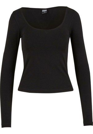 Zwarte top met lange mouwen en een ronde hals. Gemaakt van gladde stof, heeft het een getailleerd ontwerp en een kortere taille.