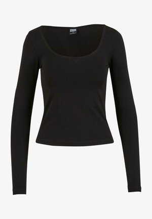 Zwarte top met lange mouwen en een ronde hals. Gemaakt van gladde stof, heeft het een getailleerd ontwerp en een kortere taille.