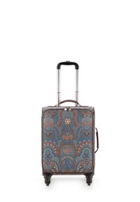 Wheeled suitcase with a paisley pattern in blue, orange, and brown tones, featuring a telescopic handle and dual carry handles.