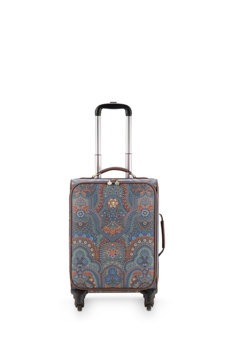 Wheeled suitcase with a paisley pattern in blue, orange, and brown tones, featuring a telescopic handle and dual carry handles.