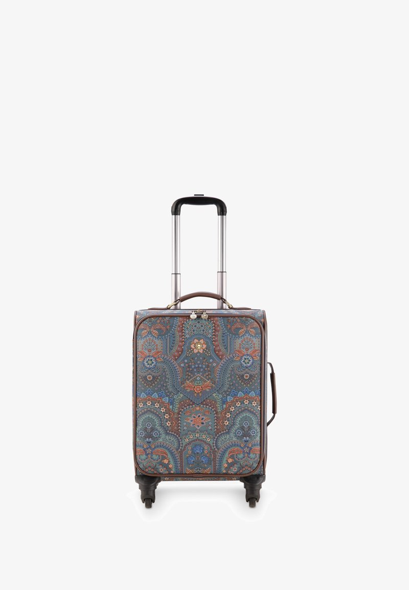 Wheeled suitcase with a paisley pattern in blue, orange, and brown tones, featuring a telescopic handle and dual carry handles.