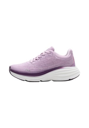 Light purple FILA running shoe with mesh upper, lace closure, thick white and dark purple sole, shown from the outer side.