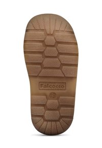 Semelle en caoutchouc tan avec un motif de grip texturé, présentant des motifs hexagonaux et linéaires. Marquée "Falcotto" et taille "19" en lettres claires.