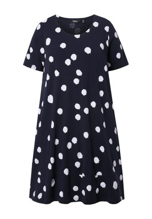 Marineblaues Kurzarmkleid mit weißen unregelmäßigen Punkten und rundem Ausschnitt. Lockerer, knielanger A-Linien-Schnitt.