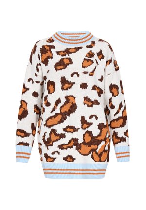 Pletena veste s bijelom podlogom koja ima smeđi i narančasti uzorak leoparda, te plavi i narančasti prugasti rebrasti izrez i manšete.